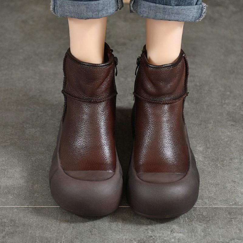 Johnature Vintage Handmade Genuine Leather Thick Soled Short Boots Round Toe Women's Flat Platform Shoes
