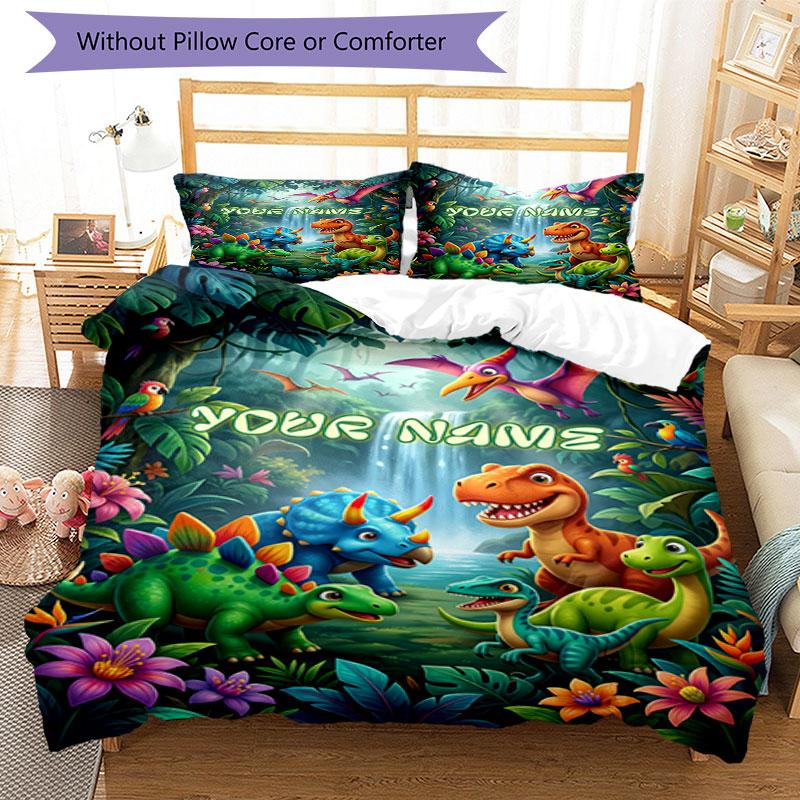 3PC Custom Name Dinosaur Adventure Jungle Bedding Set Duvet Cover Closure Includes 1 Duvet Cover & 2 Pillowcases for Bedroom