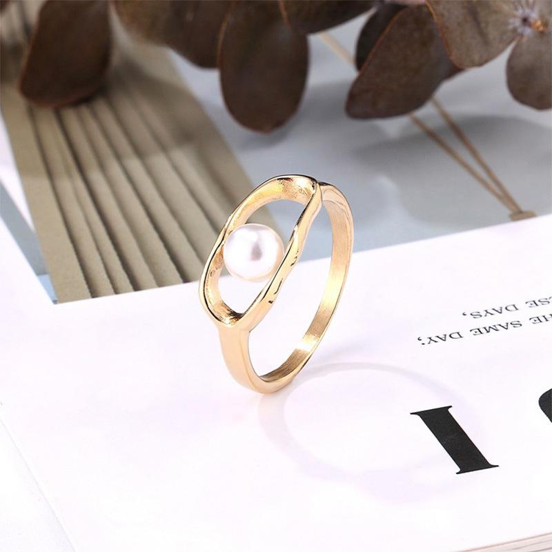 Hollow Freshwater Pearl Ring Women's Niche Design Stacked Ring, Titanium Steel Electroplating Fashion Jewelry