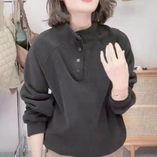 Fleecegensere for kvinner Langermet Knapp opp Pullovertopp Casual Ståkrage Varme Antrekk for Høst Vinter