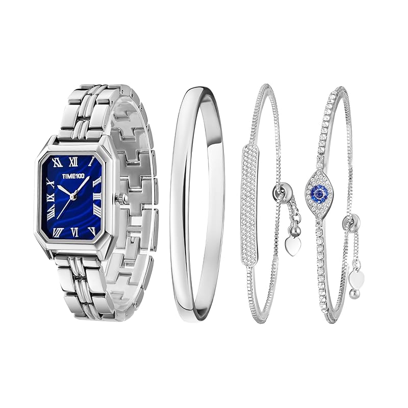 

[TIME100] silver ladies watch Japanese quartz gift set elegant stainless steel watch three bracelets gift wrapping (silver) color)
