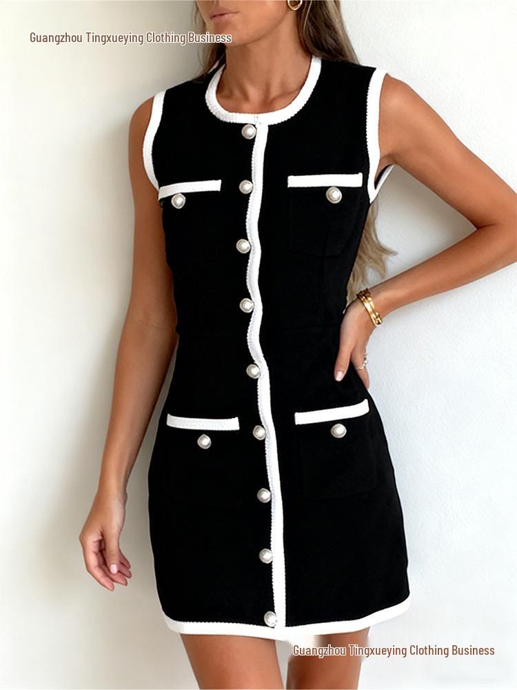 Elegant Sleeveless Knit Dress with Pearl Buttons