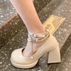 Ladies High Heels Elegant Bow Square Toe Black Fashion Thick Heel Wedding Party Pearl Lace Shoes