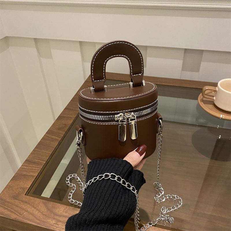 Faux Leather Bucket Bag for Women Trendy Chain Handle Crossbody Handbag