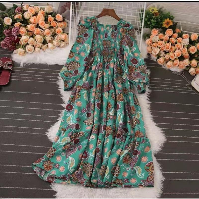 

YYFS Женская мода весна осень цветочный узор принт длинный рукав квадратный воротник высокая талия повседневные платья One size