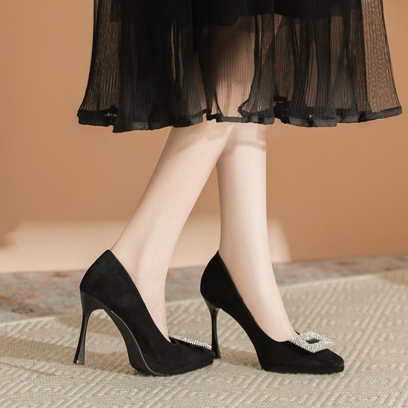 Celebrity rhinestone square buckle high heels women's waterproof table thin heel pointed single shoes black suede professional commuter work shoes