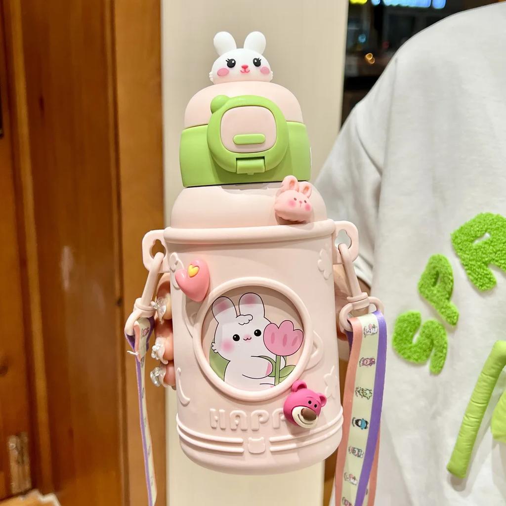 500ml Cute Children's Thermos Straw Cup 316 Large Capacity Primary School Student Thermos Cute Feng Shui Cup