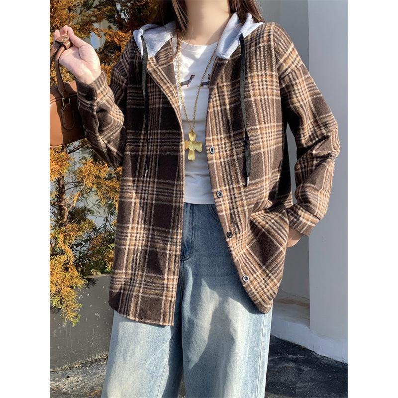 The real shot is not reduced, American retro hooded plaid shirt autumn new loose fake two-piece shirt casual coat