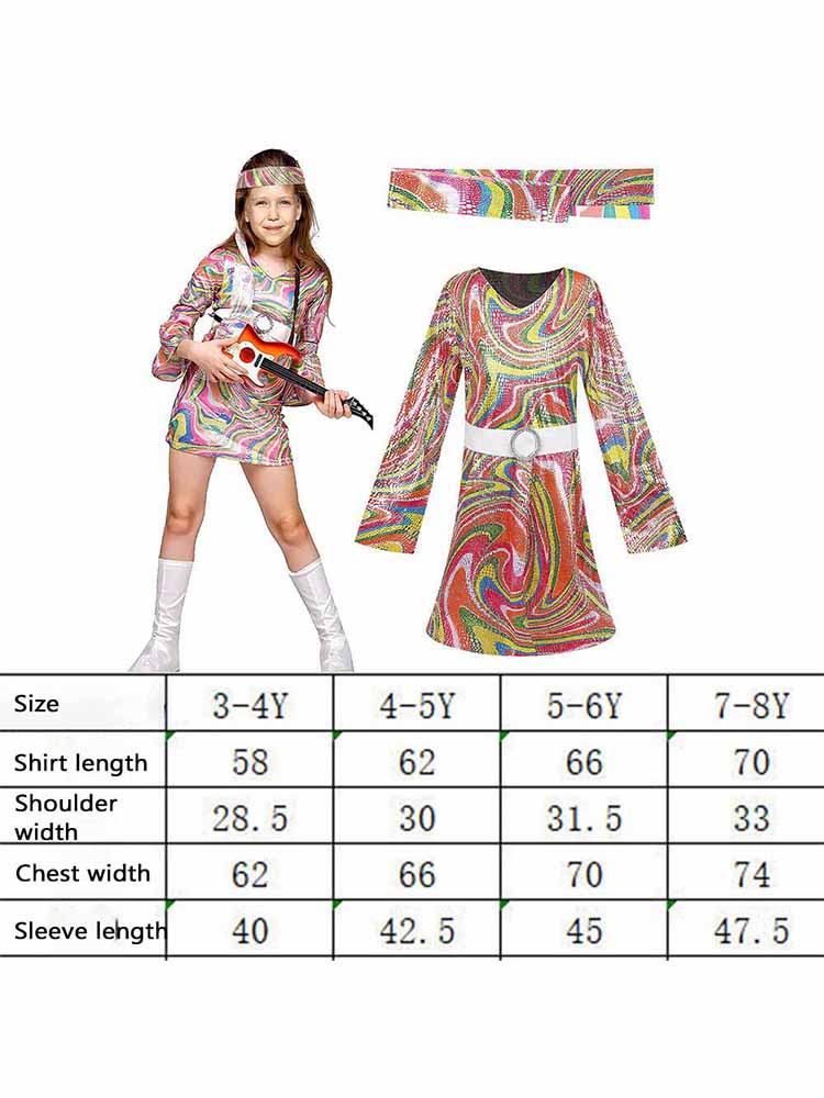 Halloween Retro 70s Disco Cosplay Costume Vintage Print Long Bell Sleeves Hippie Dance Dress with band Party Dress Up S&Retro 70s Disco