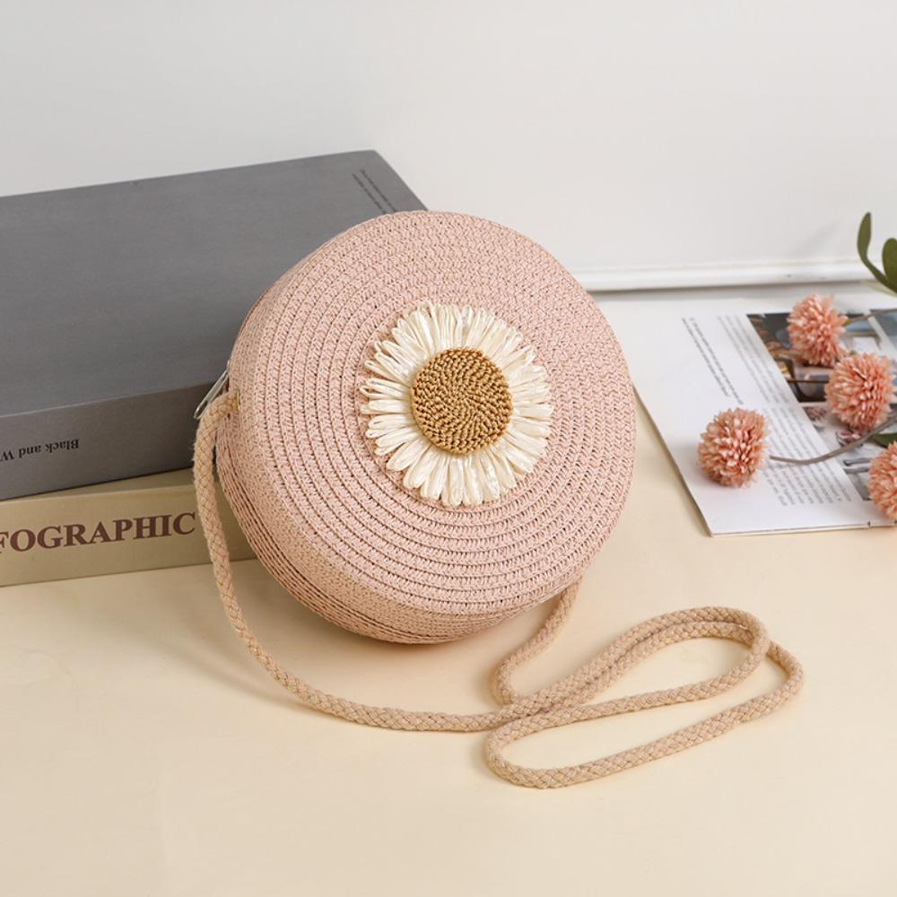 Fashion Round Straw Bag Flower Graphic Lightweight Summer Beach Bag Zipper Mini Women Crossbody Purse