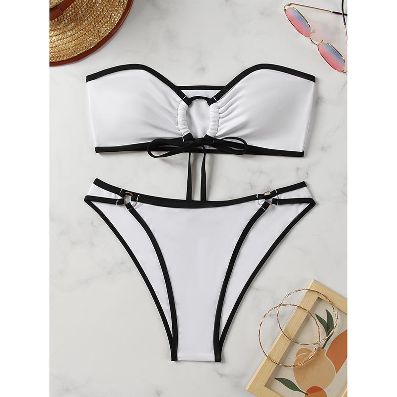 Sexy Two-Piece Swimsuit Pure Color Simple Style Women's Fashionable Hollow Out Bikini Sensual Strapless Swimwear for Swimming
