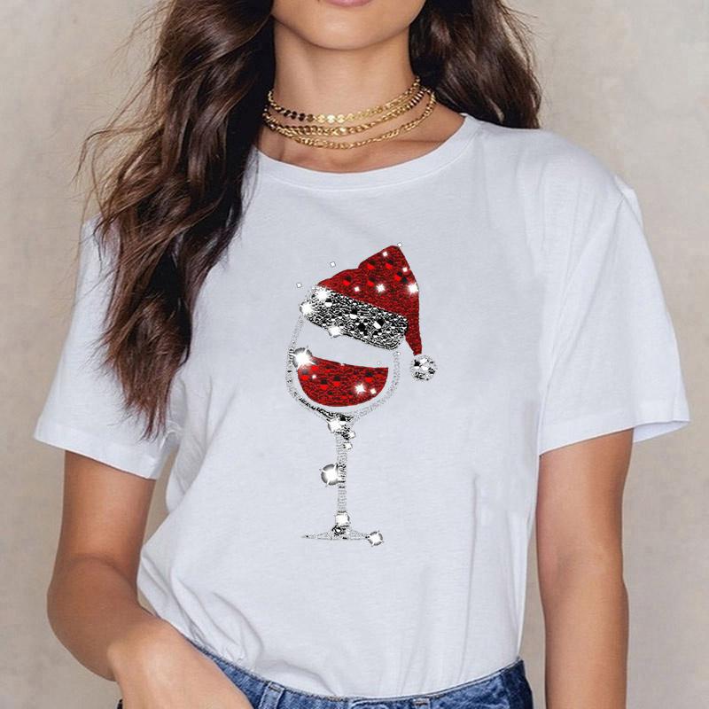 New Christmas Red Wine Glass Print Cozy T Shirt Women's Casual Round Neck Short Sleeved T-Shirt