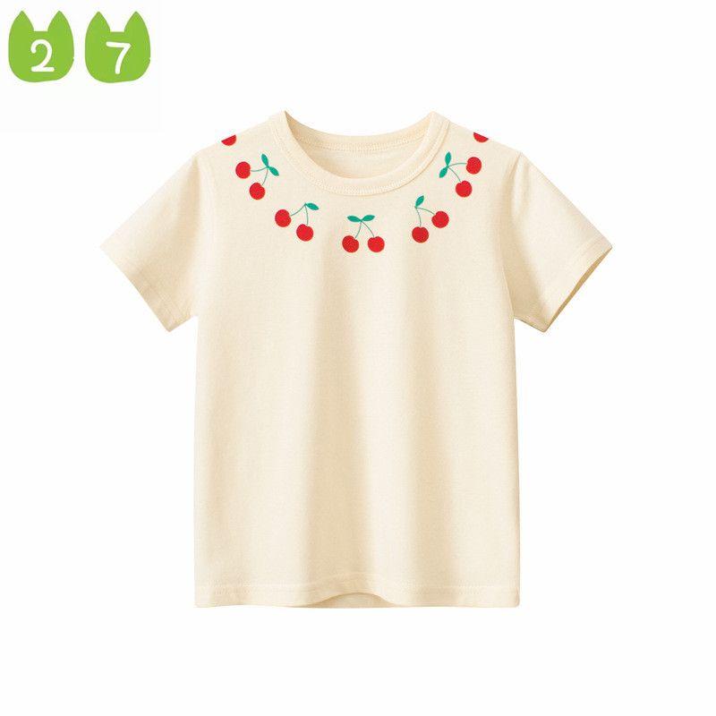 27home Children's Summer Clothing Girl Cherry Short Sleeve T-shirt Kids Fruit Half Sleeve Baby round Neck Pure Cotton Clothes