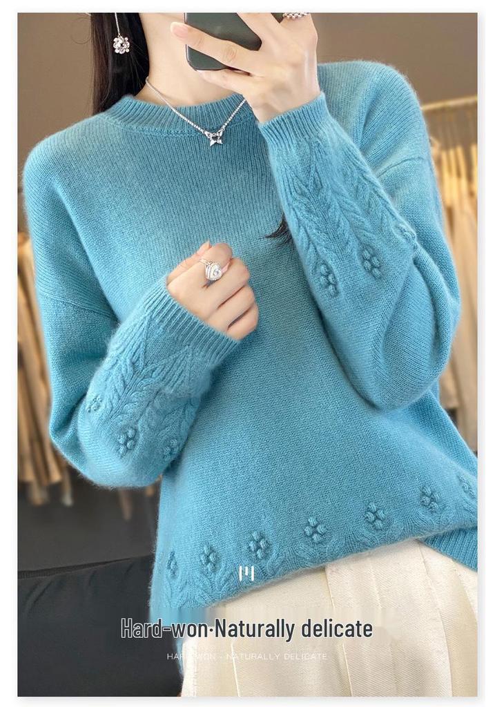 2024 Autumn/Winter Women's Solid Color Wool Knitwear Retro Crochet Pullover Sweater