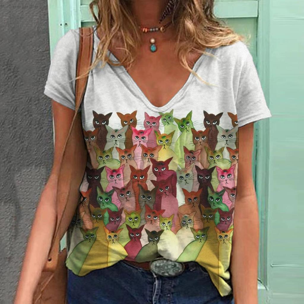 Summer Cat 3D Printed V-neck Short Sleeved  Women's T-shirts