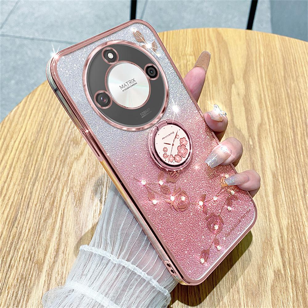 For Honor X60 5G Case Ring Kickstand TPU Flowers Phone Cover Gradient Glitter