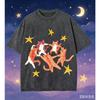 2026 Y2K Style Summer Hip-hop Women T-shirt Dancing Cat Star Print Retro Vintage Washed Top Loose Summer Short Sleeved Shirts