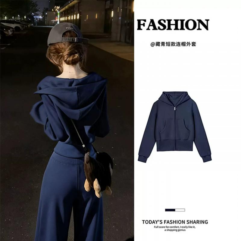 Womens Navy Short Hoodie Sweatshirt Tracksuit Set Fall Korean Casual Outfit
