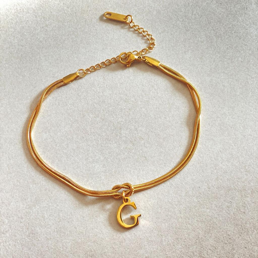 JXJ Jewelry 18k Gold Plated Stainless Steel Letter Pendant Knot Style Trendy Charm Bracelet for Anniversaries