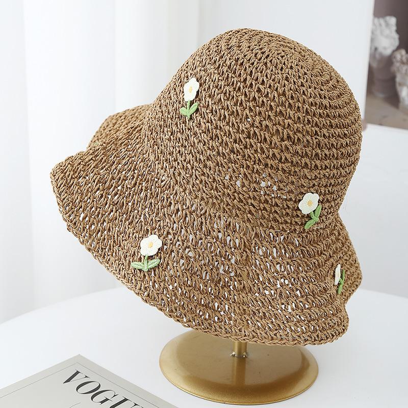 

Women s Korean Style Straw Bucket Hat Floral Adjustable Sun Protection Sun Hat, Breathable Foldable Beach Hat for Summer Outdoor 56-58cm