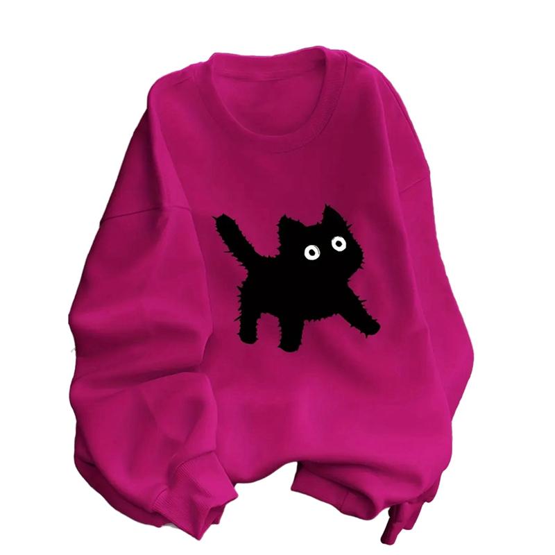 

4-14 лет Дети Девочки Смешной Рисунок Кота Толстовка Свободный О-образный Вырез Длинный Рукав Топ 9-10Y