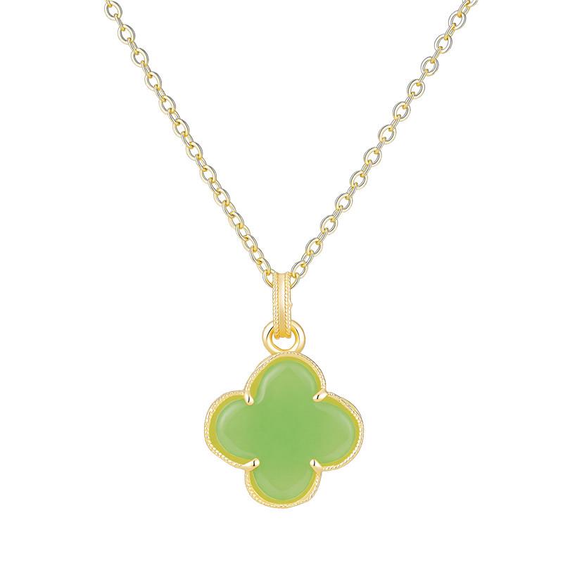18k Gold Green Four-Leaf Clover & Zircon Necklace with Diamonds золотой