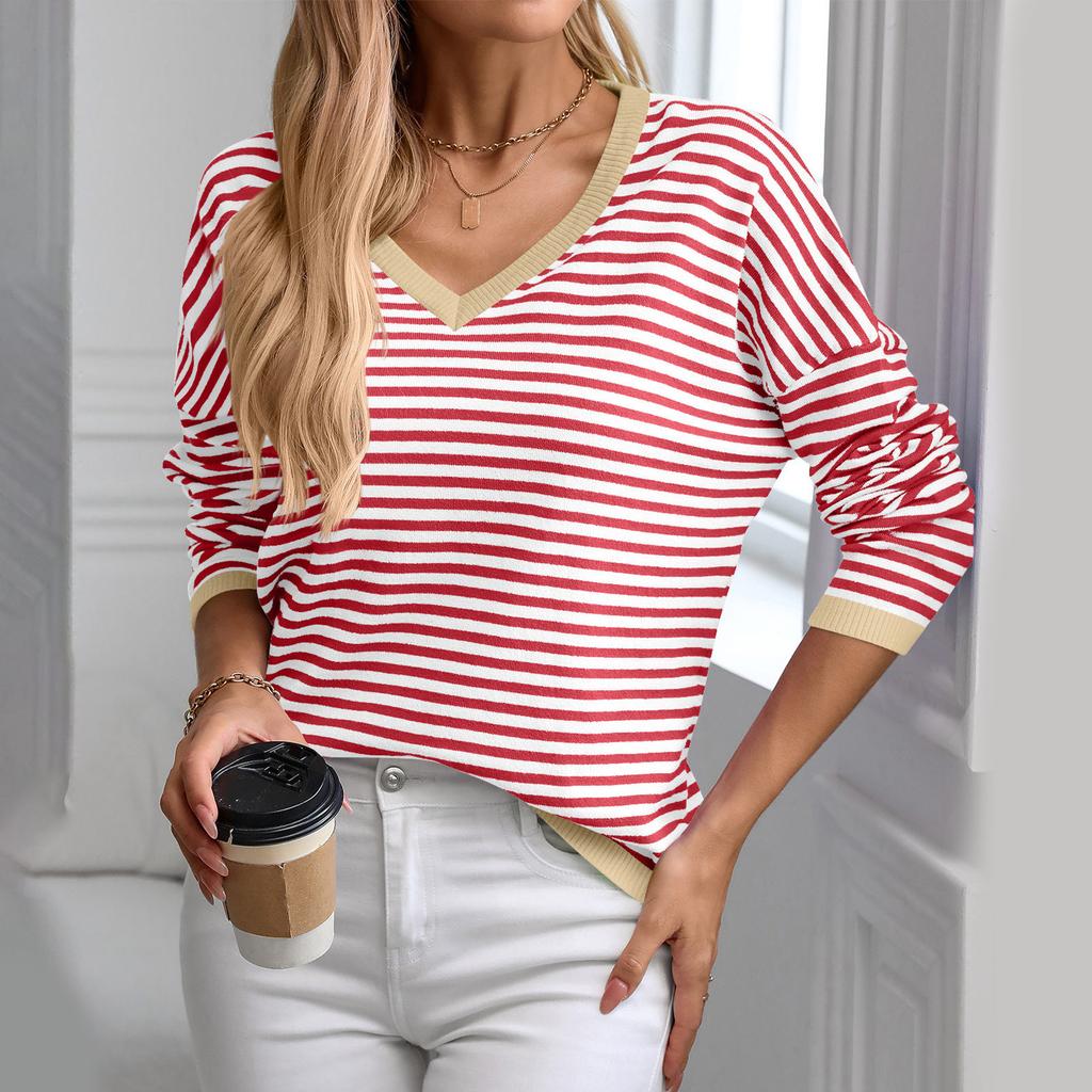 Damen V-Ausschnitt Gestreift Farbe Langarm Lässiger Pullover