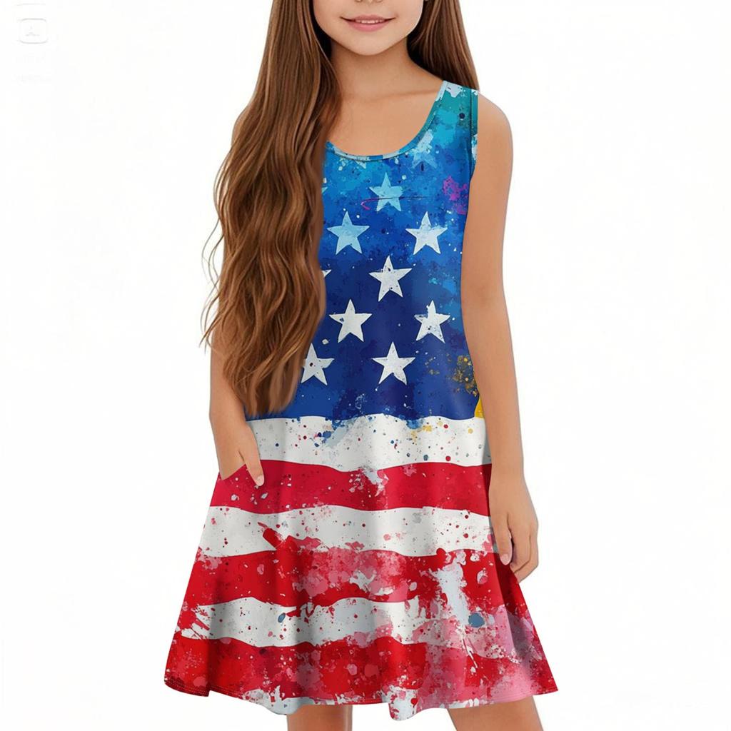 Children's Sleeveless U-neck Summer A-line Casual Independence Day Dress