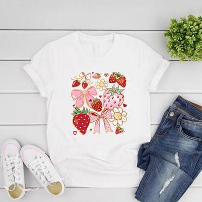 Strawberry Floral Shirt Cute Bow Graphic Tee Cottagecore Aesthetic Clothes Women's Graphic T Shirts Summer Fruit Crewneck Top