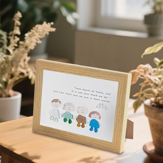 Handmade Sea Glass Decoration with Wooden Frame Rainbow Bird Family Seaglass Wall Art Decoration Framed Sea Glass Friendship Artwork Ornament