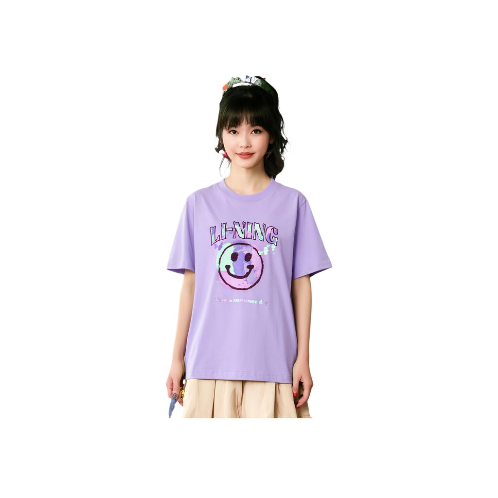 Li-Ning Sports Life Series Letter Print Round Neck Pullover Short Sleeve T-Shirt Women Tops Luo-Mei-Purple AHST192-1
