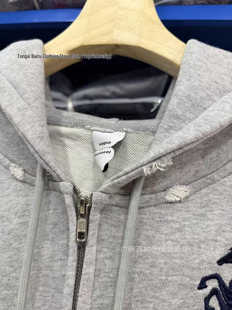 PROTOCOL INDEX xFW26 Distressed Zipper Logo Hooded Sweatshirt