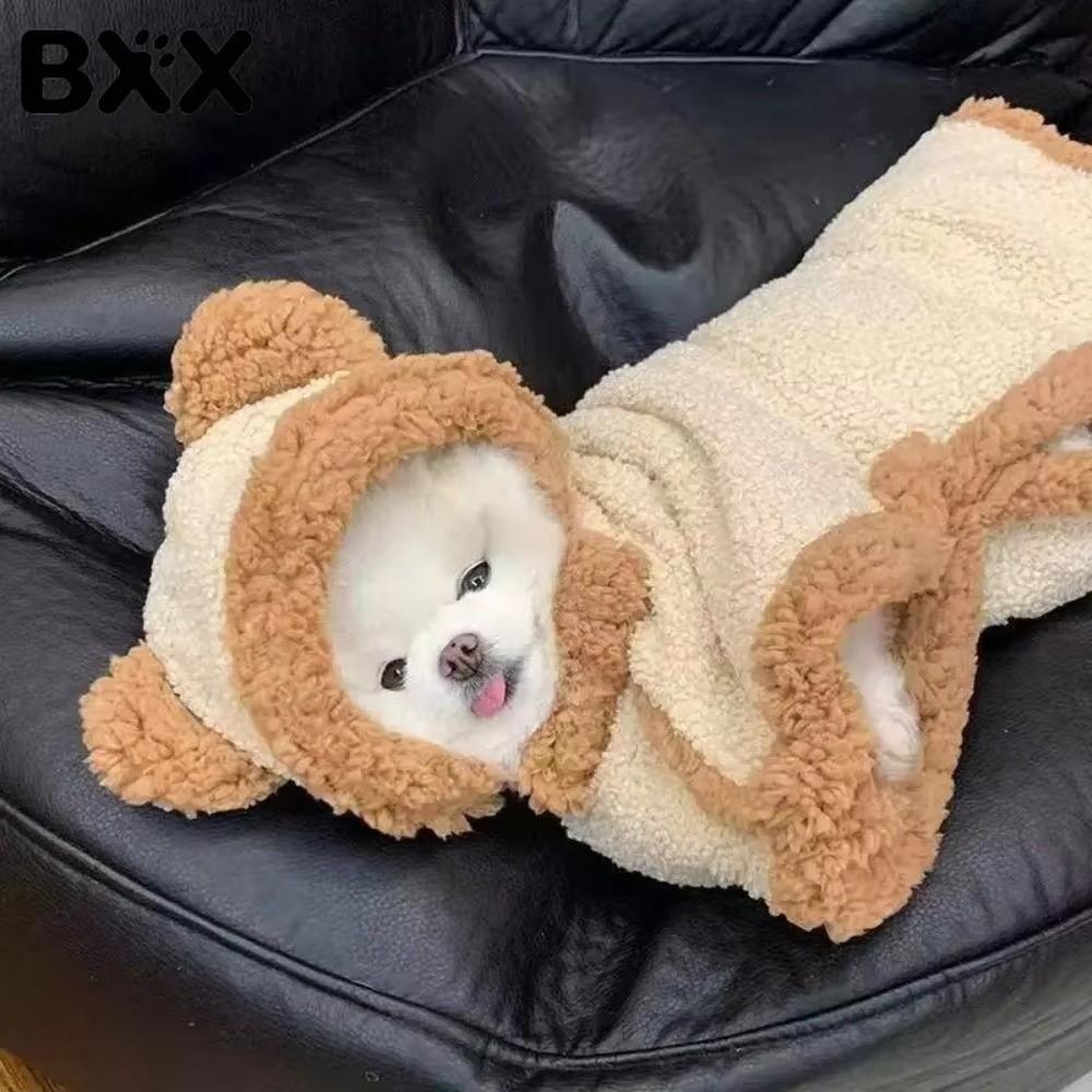 Thick Fleece Pet Cape Cloak Bear Ear Design Pet Sleeping Blanket for Small Medium Cats Dogs
