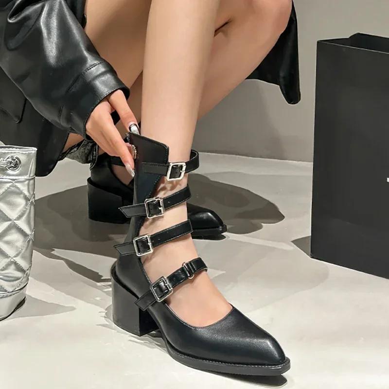 Stivali alla Caviglia da Donna alla Moda con Punta, Cerniere Posteriori alla Moda, Fibbia in Metallo, Stivaletti Corti, Scarpe da Donna in Stile Retrò