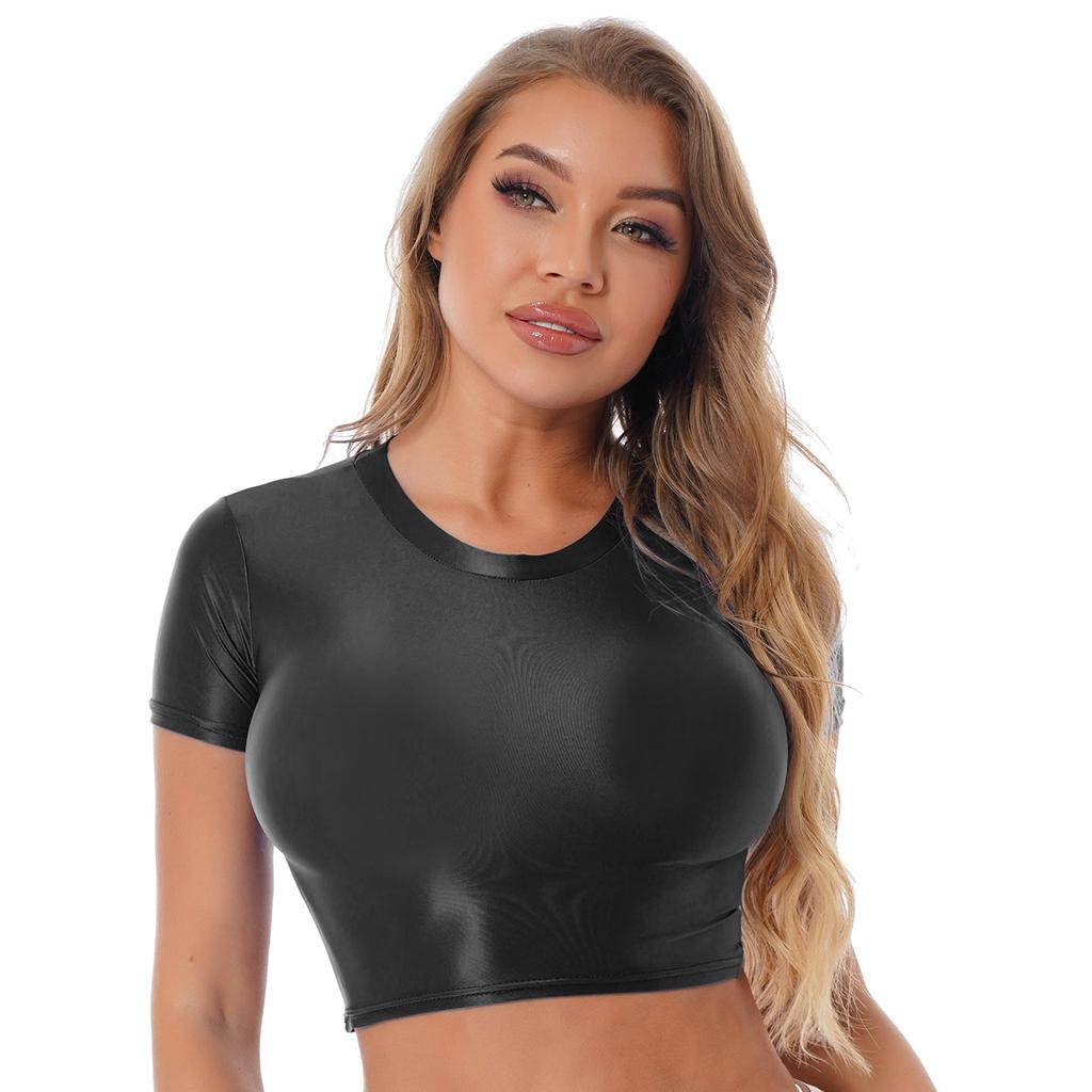 Women Crop Top Tee Short Sleeve Round Neck Slim Fit Solid Color Sportswear Yoga Running Shirt