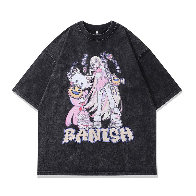 Tide Brand Two-Dimensional Dark Wind Printing Short-Sleeved T-Shirt For Men And Women Trend Washing Old Couples