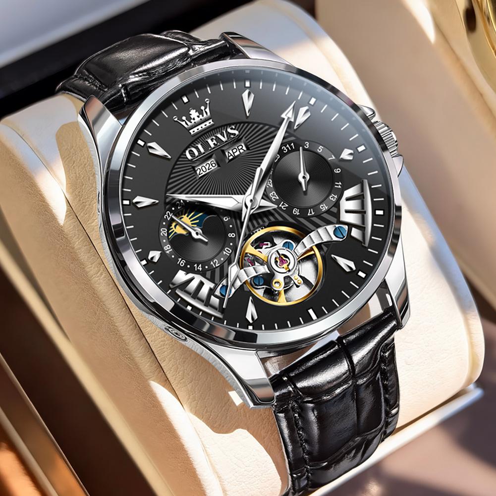 OLEVS Men's Watches Casual Fashion Leather Strap Original Automatic Mechanical Flywheel Movement Moon Phase Calendar Luminous