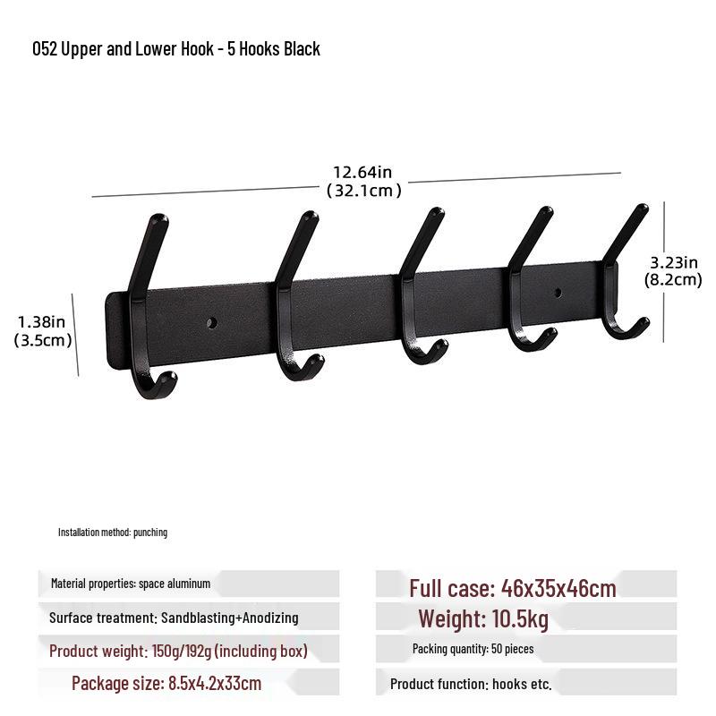 Wall-Mounted Black Aluminum Clothes Hook Rack