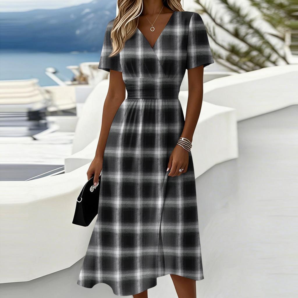 Ladies' Plaid Casual Fashionable Short Sleeved V-neck Dress