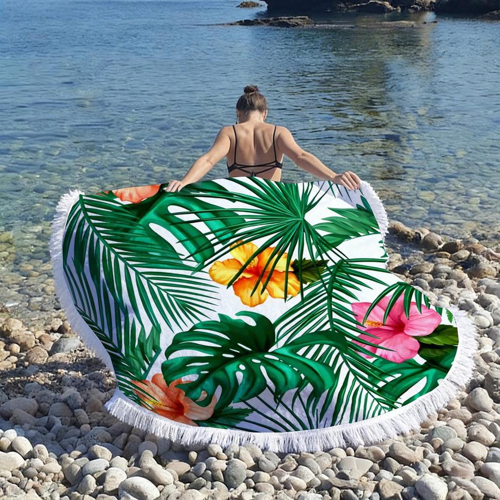 Tropical Plant Print Round Beach Towel Super Absorbent Quick Dry Microfiber Outdoor Picnic Mat Sunbathing Blanket For Travel