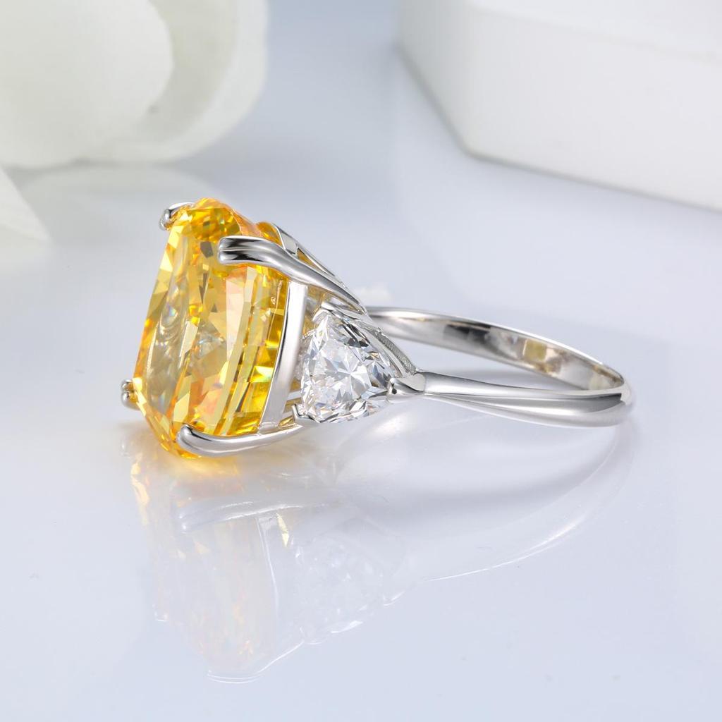 S925 Silver Radiant Cut 12 Carat Yellow High Carbon Diamond Cushion Ring with Simple Elegance