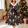 Women Christmas Print Midi Dress, Long Sleeve V‑Neck Furry Trim A‑Line Party Dress, Christmas Limited Edition
