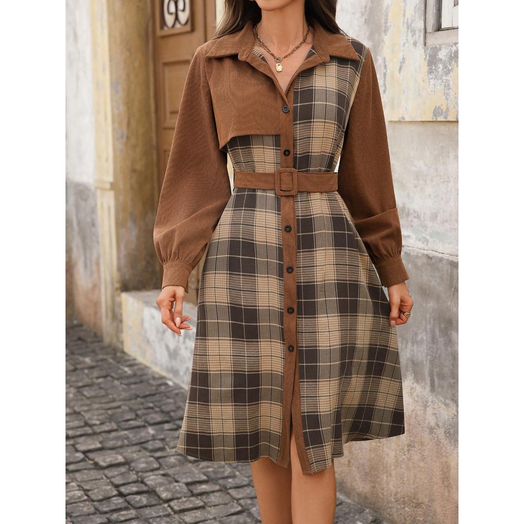 Fall Winter New Vintage Plaid Patchwork Lapel Office Dress, European American Style Women's Retro Plaid Midi Dress for Work