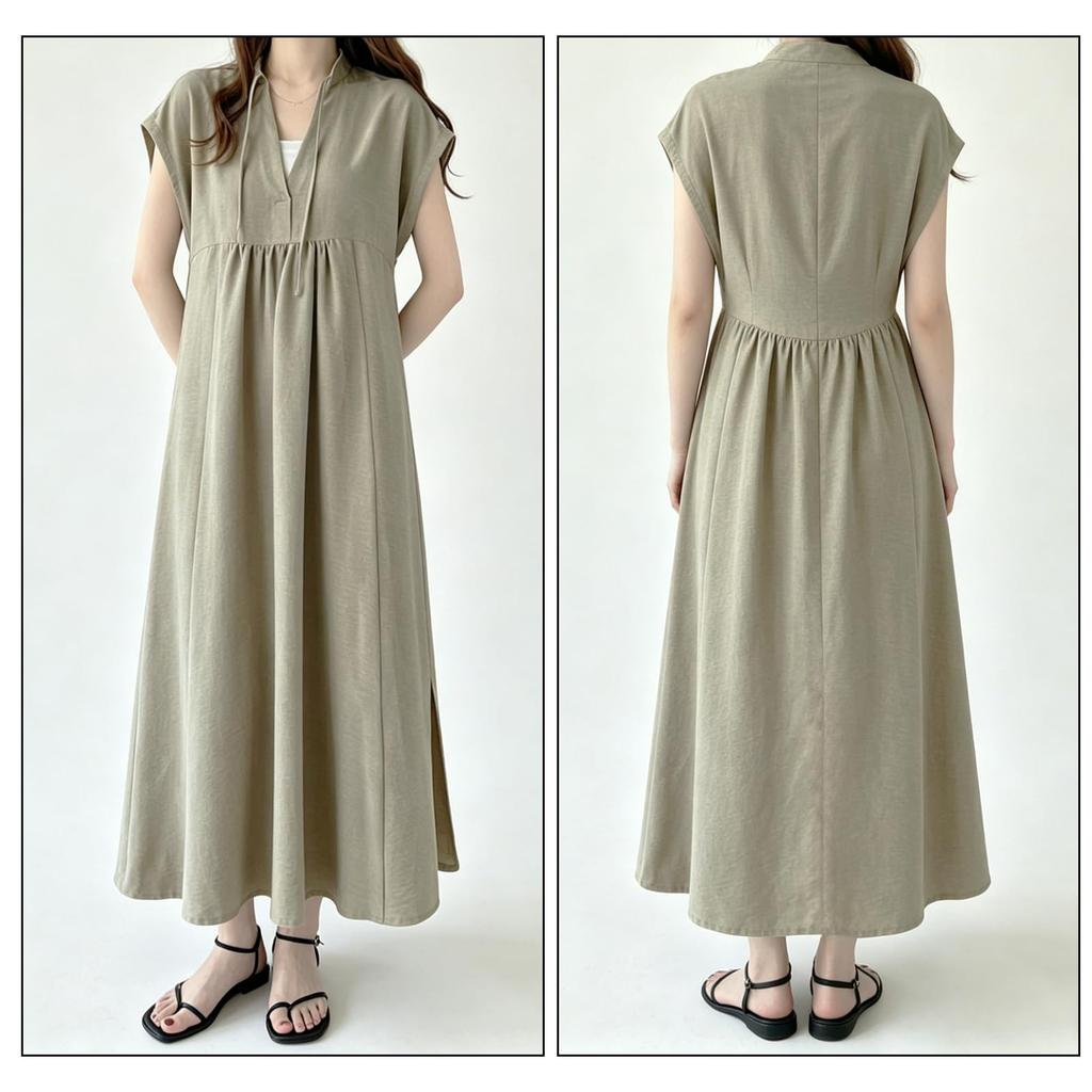 Long Short Solid Loose Slimming Japanese Natural Suitable for Travel [Zuicho] Women's V-Neck Dress, Sleeves, Color, Fit, Effect, Linen-like Fabric,