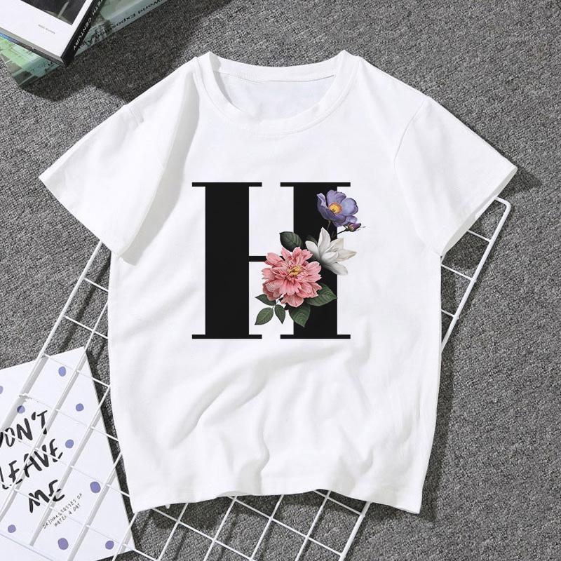 A B C D E English Alphabet Print T Shirt Women Short Sleeve Couples Lovers Female