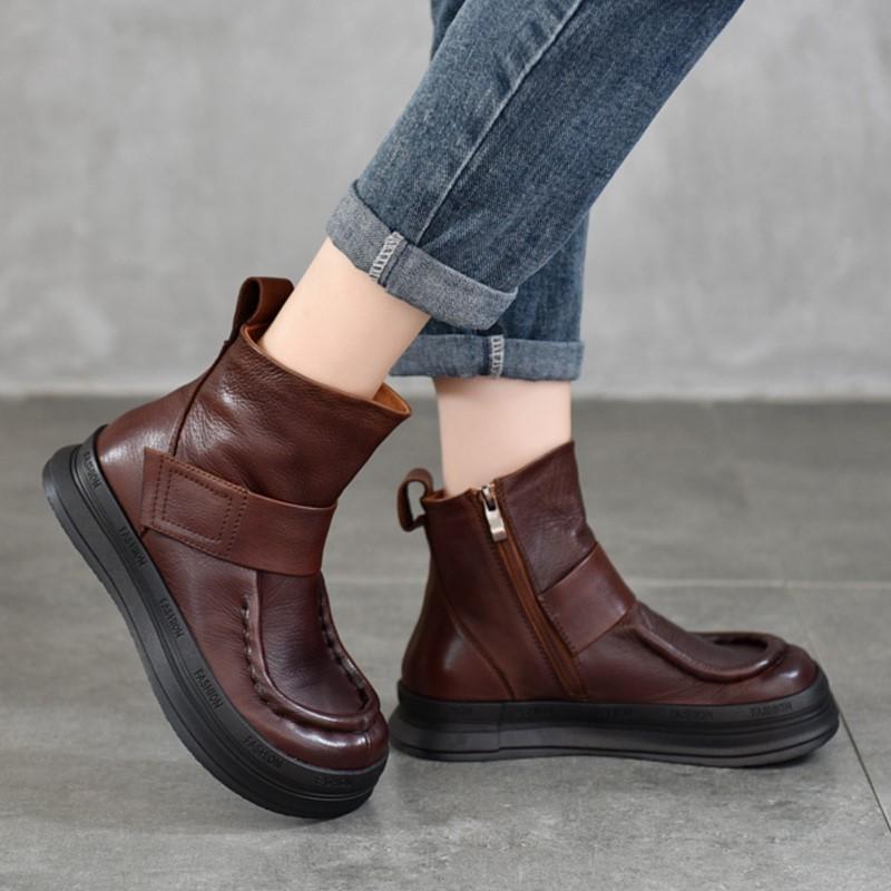 Johnature Vintage Genuine Leather Handmade Shoes Round Toe Short Boots Casual Versatile Women's Shoes