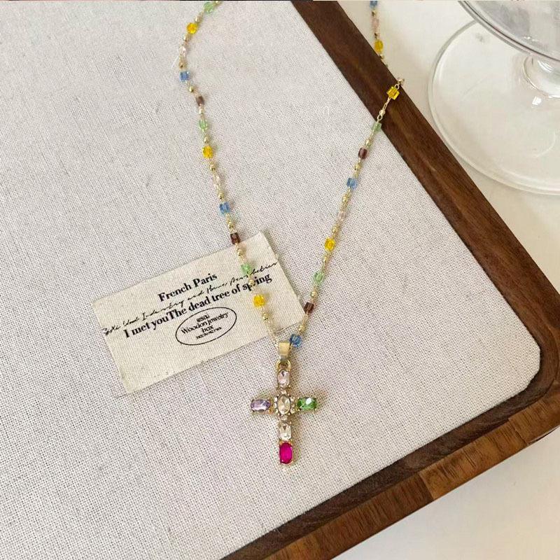 Fashion Colorful Zircon Cross Pendant Necklace For Women Stainless Steel Silver Color Charm Religious Necklaces Jewelry