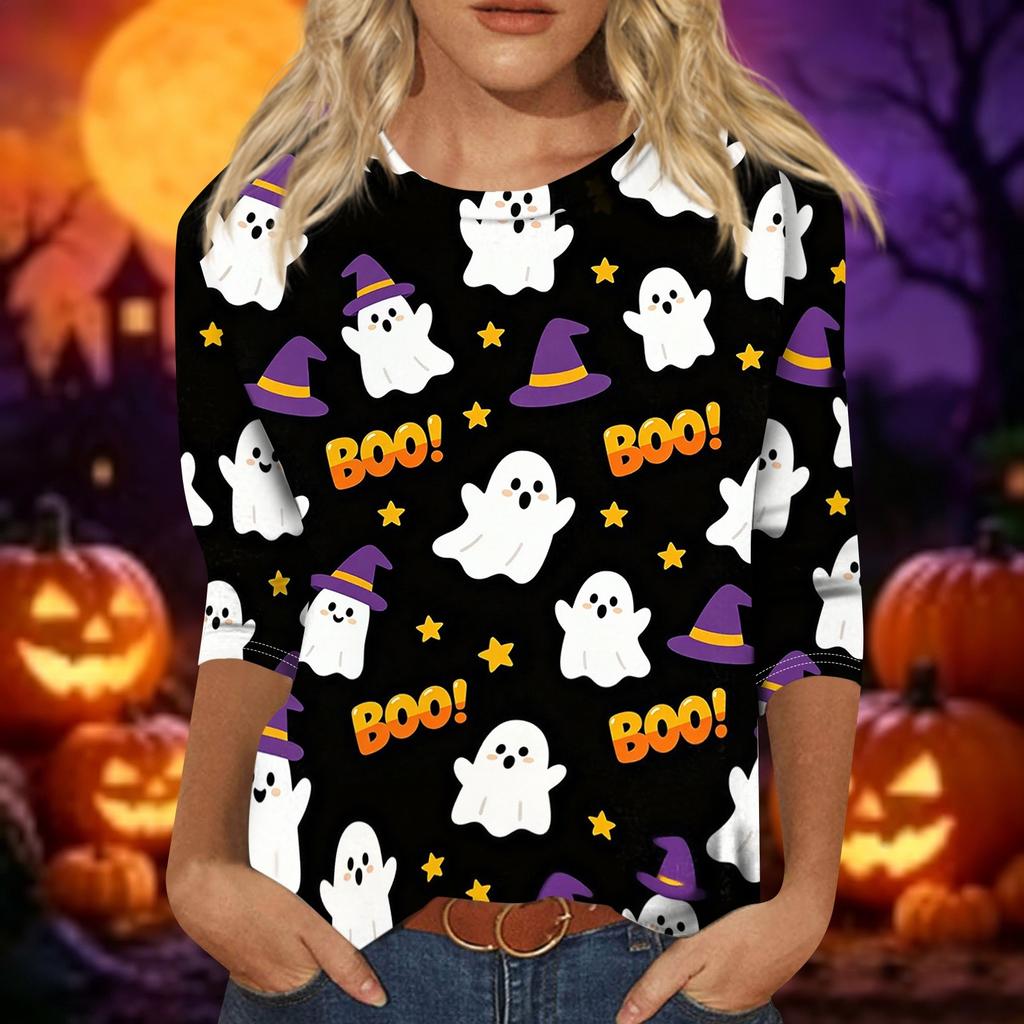 Women's Casual 3/4 Sleeve Halloween Graphic Top Crew Neck Printed Shirt Lightweight Comfortable Fit