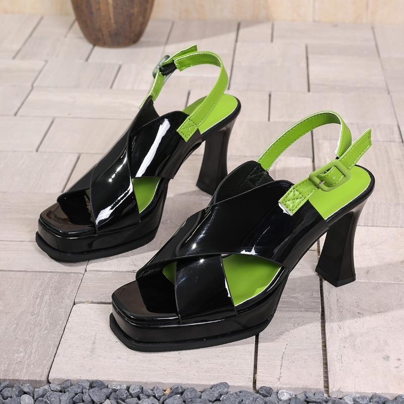 

Модные лакированные сандалии с ремешком на пятке, с открытым носком, женские летние новые туфли-лодочки на платформе с квадратным носком и блочным каблуком 40 чёрный