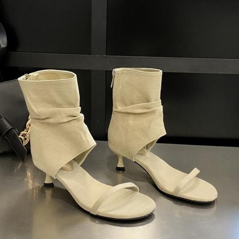 

Мода 2025 Новые Лаконичные Ботильоны из Денима с Открытым Носком на Клипсе, Плиссированные Низкие Тонкие Каблуки, Римские Ботильоны, Сандалии, Женская Обувь, Ботильоны 40 абрикосовый